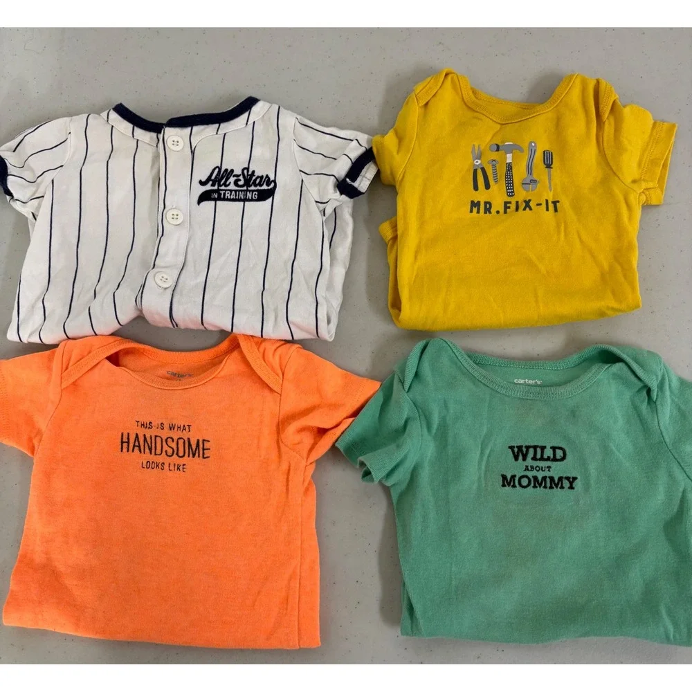 Carter's Baby Bodysuits 9‎ Months 4 Pack Mix Graphics Baseball Mr Fix It
